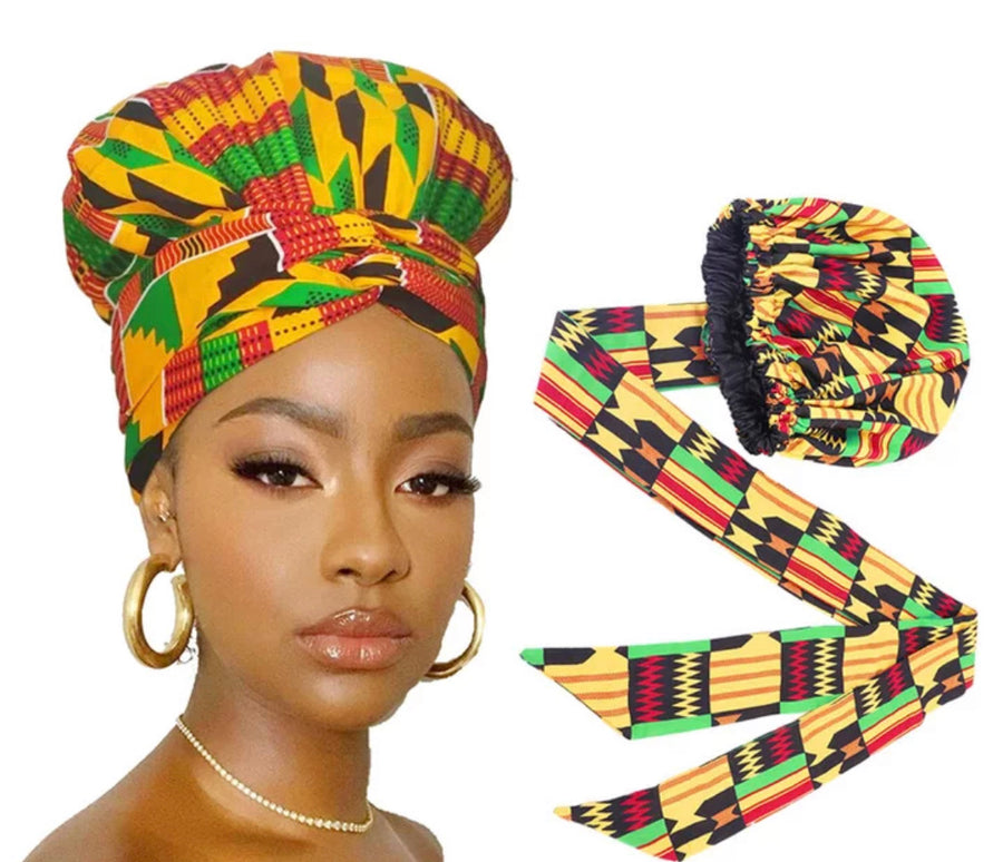 African Bonnet Head Wrap, Satin-Lined, African Satin Lined Hair Bonnet/Headwrap & Mask Set – India  main image 4